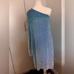 Blue Iridescent Sequin Retrofete One-Shoulder Dress